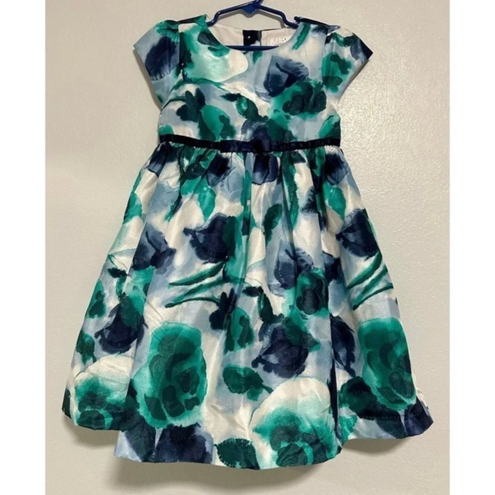 Gymboree Floral Party Dress Kids 5T Teal Navy Excellent‎ Watercolor Satin Bow